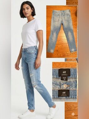 H&M Distressed Straight Leg Jeans - Light Blue